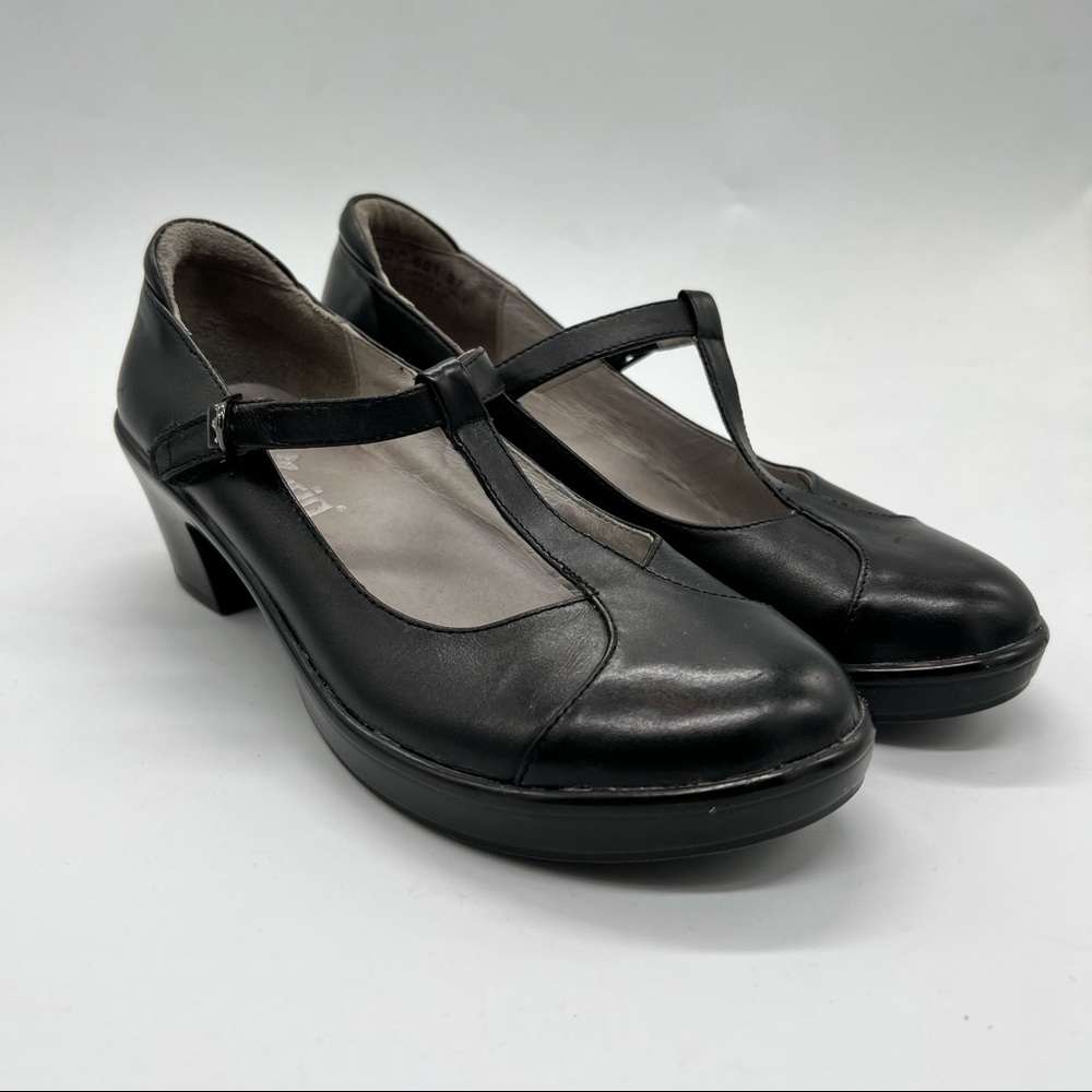Alegria Coco Black Napa Leather Mary Jane T-strap Heels Shoes